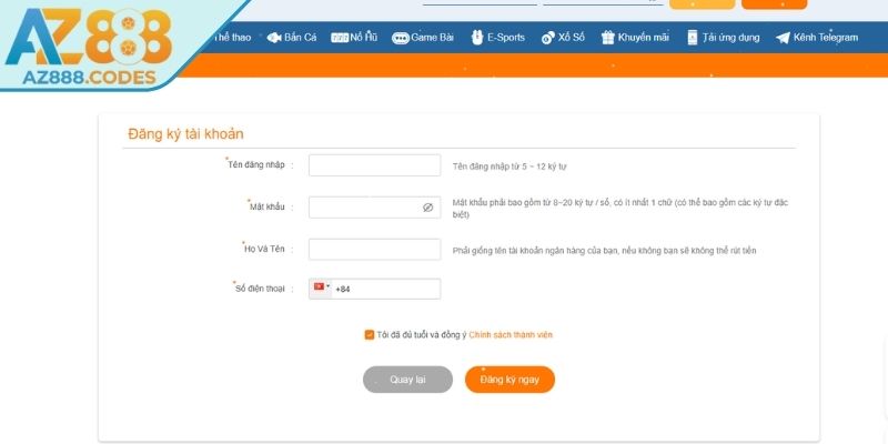 Đăng Ký az888 2 Điền biểu mẫu đăng ký AZ888
