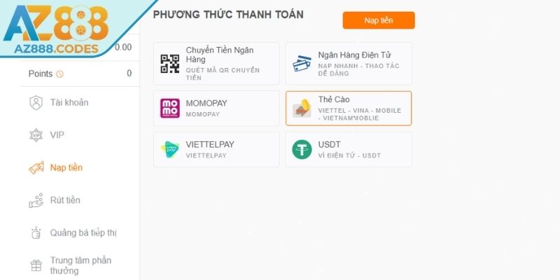 Nạp Rút Tiền az888 1 Nạp rút tiền AZ888 nhanh chóng và tiện lợi