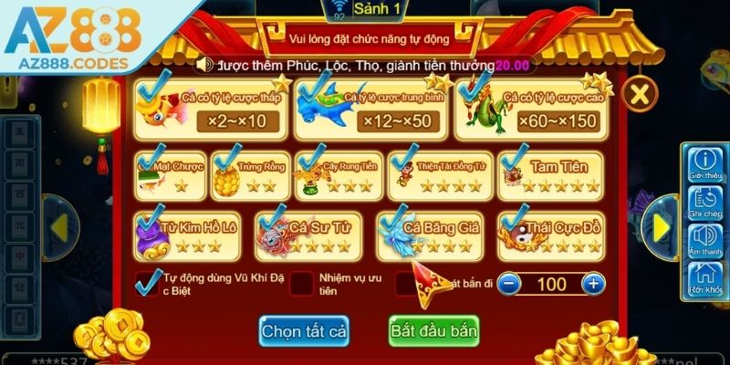 Hệ thống vũ khí và sinh vật trong Tam Tiên bắn cá AZ888